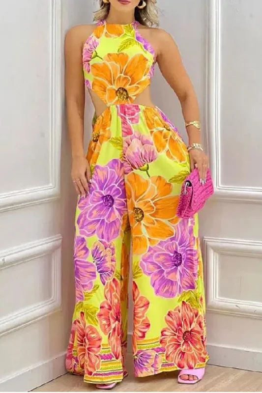 Floral Print Tropical Strappy Back Cutout Waist Wide Leg Jumpsuit