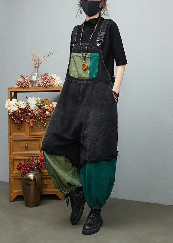 Streetwear Black Asymmetrical Pocket Cotton denim Jumpsuit Spring