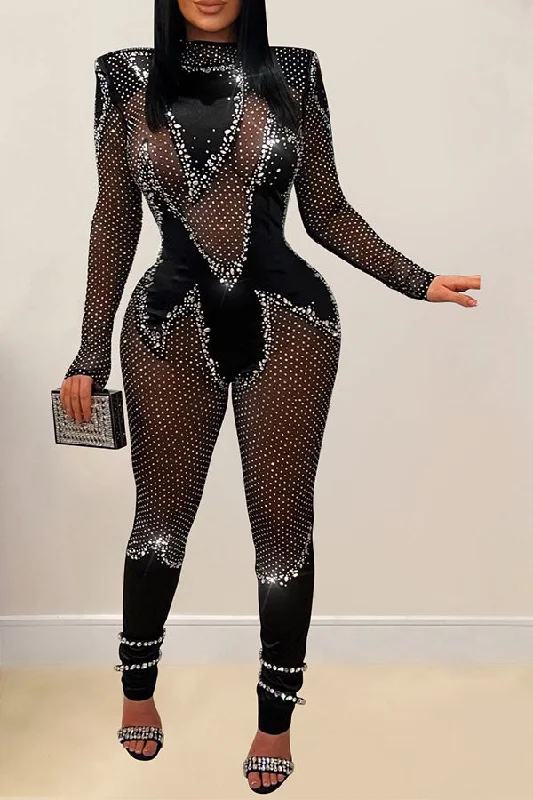 Patchwork Rhinestone Glittery See-Through Bodycon Jumpsuit