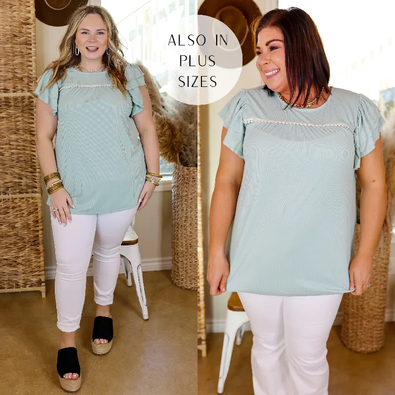 Last Chance Size Small | Everyday Beautiful Ribbed Ruffle Cap Sleeve Top with Crochet Detail in Dusty Mint Green