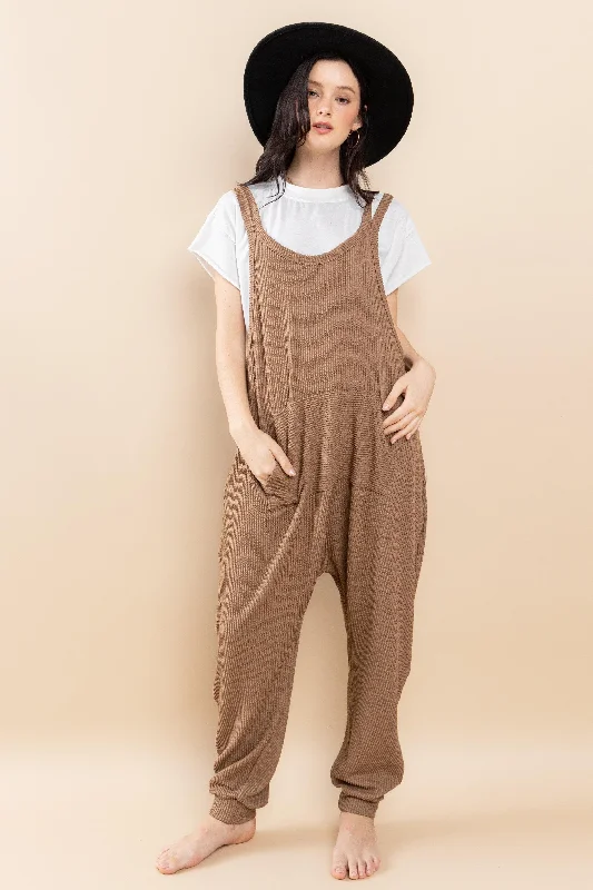 MOCHA TEXTURED W/KANGAROO POCKET HAREM KNIT JUMPSUIT CFBC61527SA