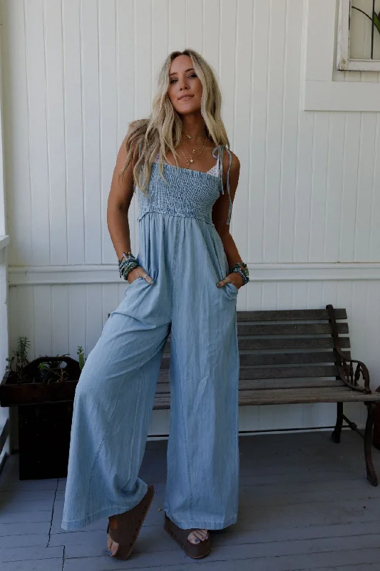 The Nest Last Call Smocked Jumpsuit - Light Wash