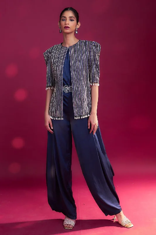 Deep Blue Ajrakh Embroidered Jacket & Jumpsuit Set