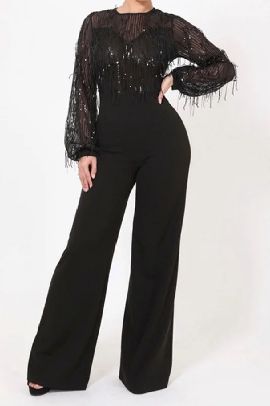 Patchwork Sequined Tassel Striking Round Neck Jumpsuit