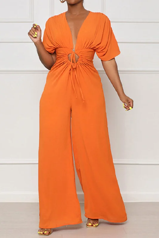 Solid Color Casual Lace-Up Cutout Wide Leg Jumpsuit