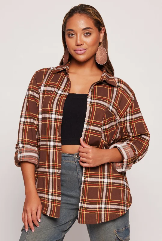 Plaid Button Front Tabbed Sleeve Shirt