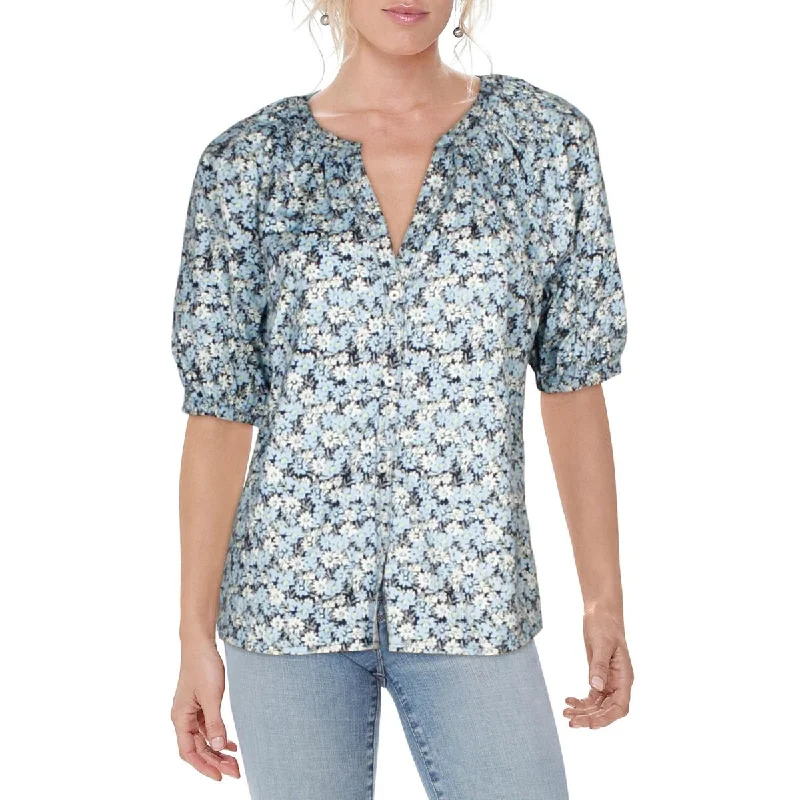 Womens Floral Print Pleated Button-Down Top