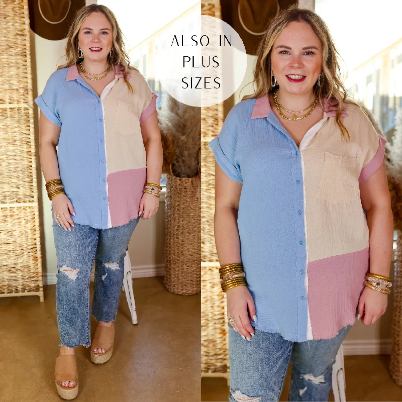 Last Chance Size Small | Easy On Me Button Up Color Block Top in Dusty Pink and Baby Blue