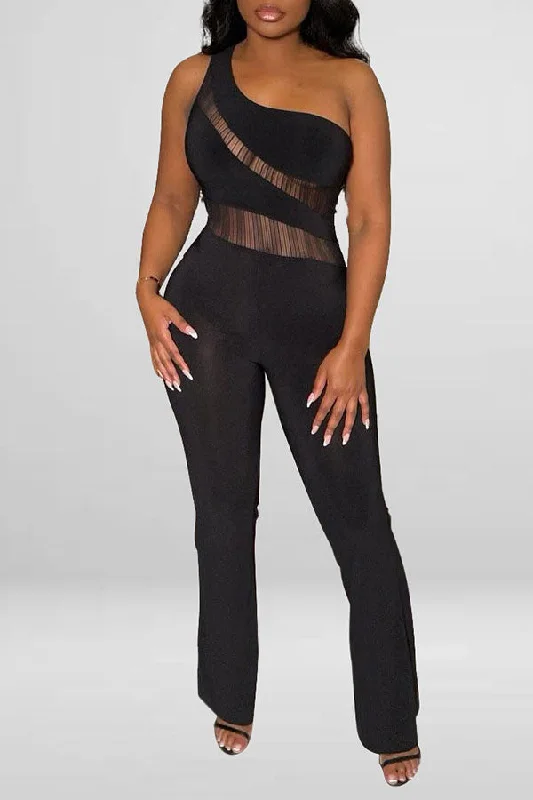 Black Patchwork Cutout Modern One Shoulder Jumpsuit