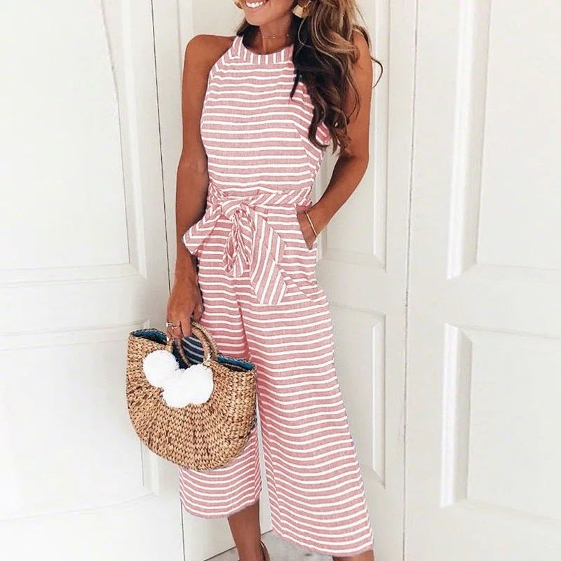 Striped Printed Lace up Pocket O neck Sleeveless Long Wide Leg Jumpsuit