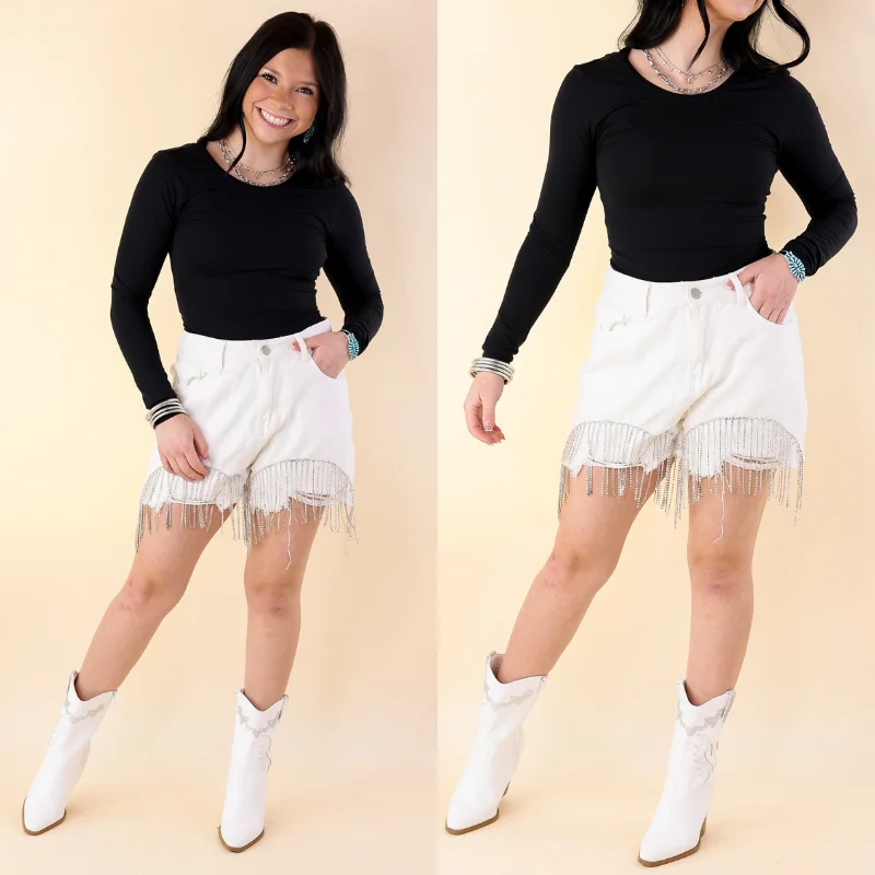 Saddle Up Crystal Fringe Distressed Denim Shorts in Ivory