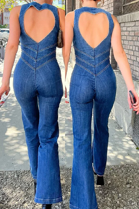 Solid Color Urban Open Back Denim Jumpsuit