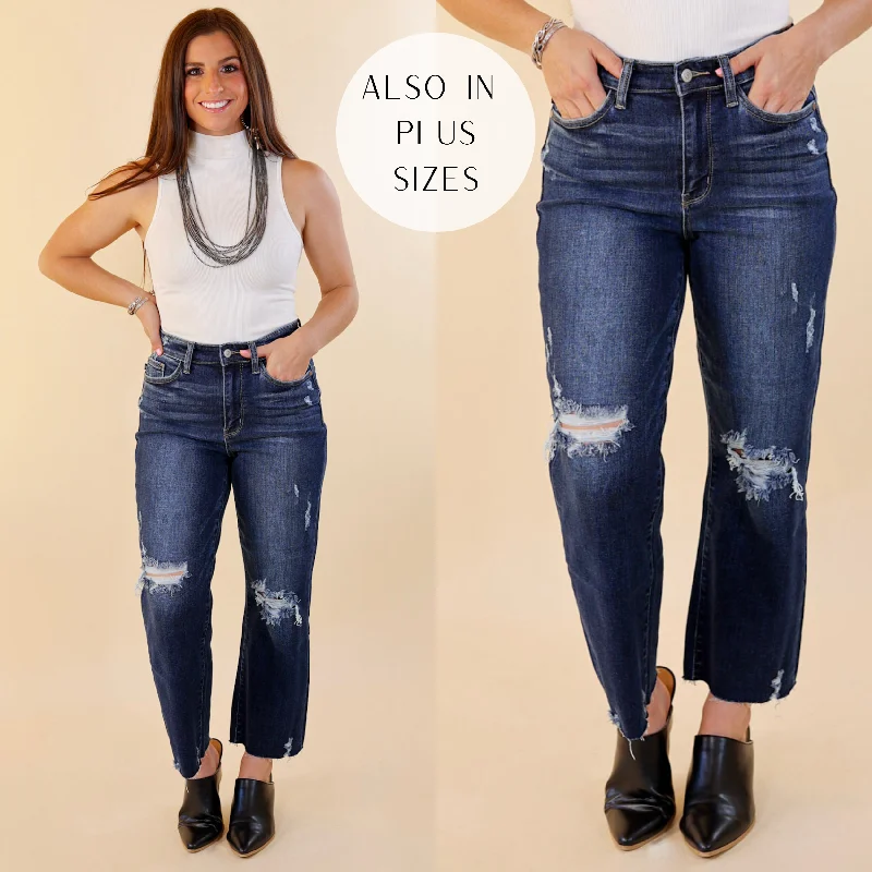 Last Chance Size 1 & 24W | Judy Blue | Grand Gesture Destroy Knee Cropped Wide Leg Jeans in Dark Wash