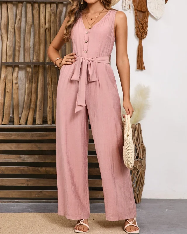 V-Neck Tie Waist Jumpsuit Flowing Silhouette