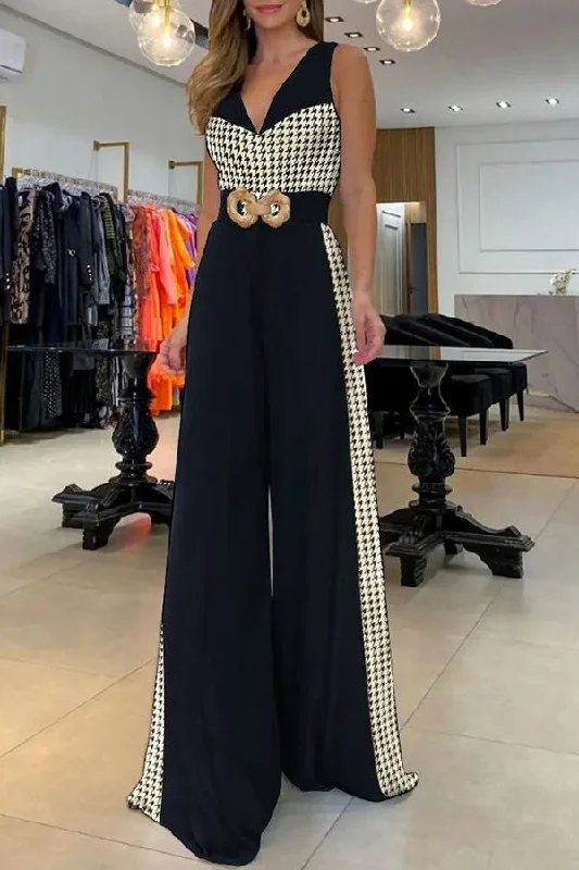 Houndstooth Patchwork Modern Wide Leg Jumpsuit