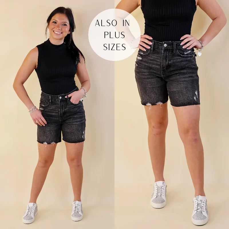 Judy Blue | Everyday Ease Rigid Magic Mid Thigh Raw Hem Shorts in Black Wash