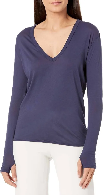 Loose Long Sleeve V-Neck Top In Atlantic