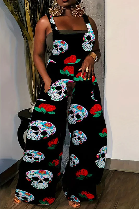 Halloween Skull Print Hippy Suspenders Jumpsuit