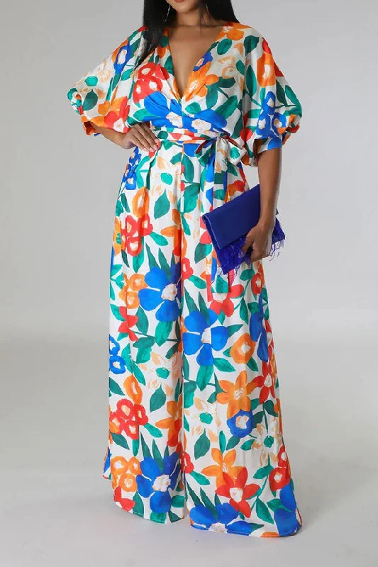 Colorful Floral Print Belted Wide Leg Jumpsuit