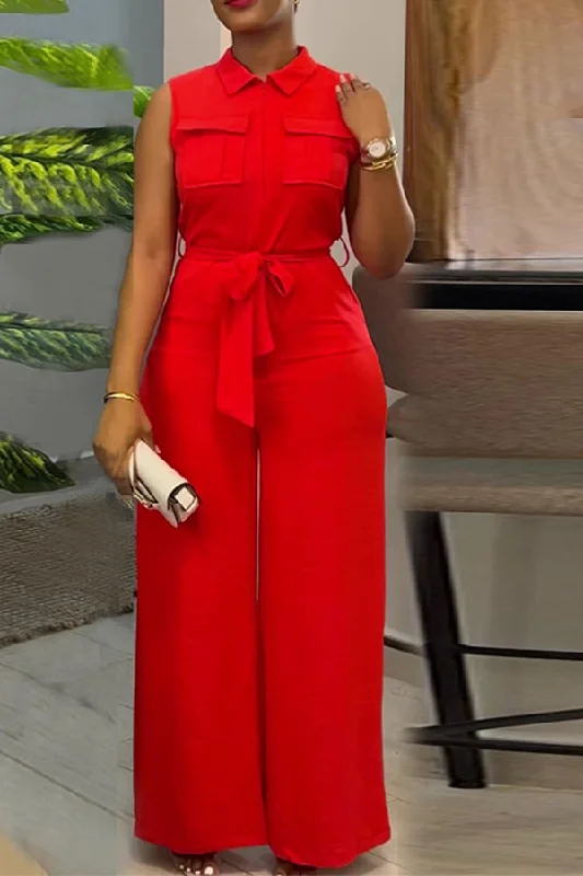 Solid Color Classic Belted Wide Leg Jumpsuit