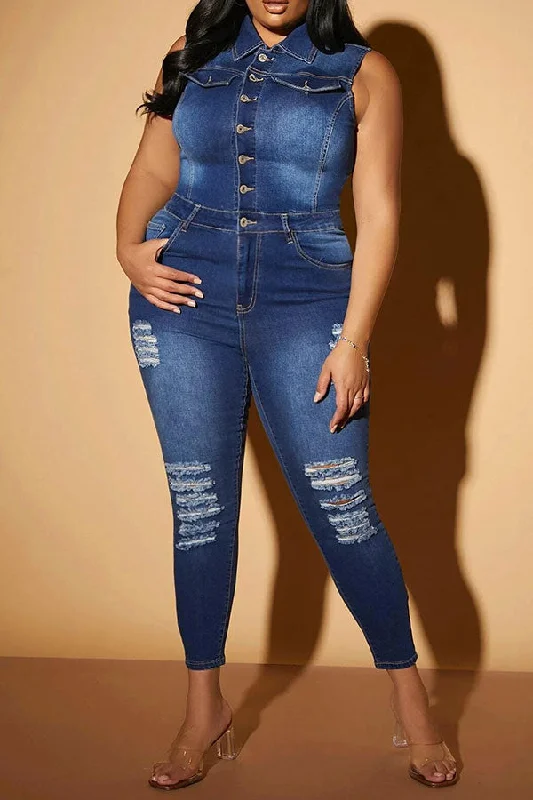 Ripped Classic Button Down Denim Jumpsuit