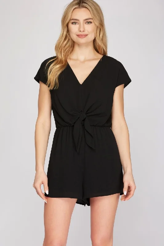 BLACK DROP SHOULDER TIE FRONT WOVEN ROMPER S12SY1608R