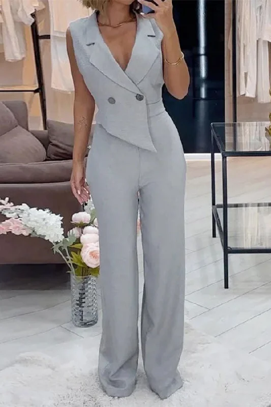 Solid Color Notched Lapel Rocking Irregular Jumpsuit