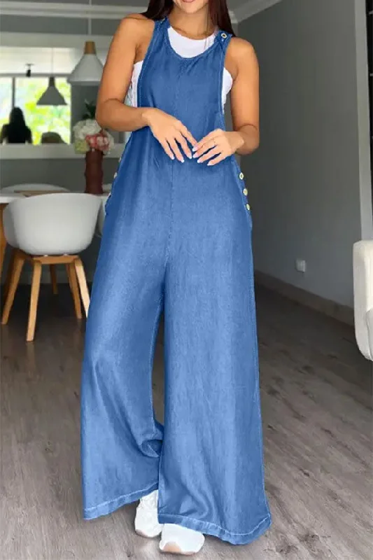 Solid Color Suspenders Urban Wide Leg Jumpsuit