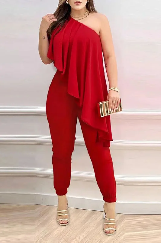 Solid Color Pretty Irregular Ruffle Design Jumpsuit