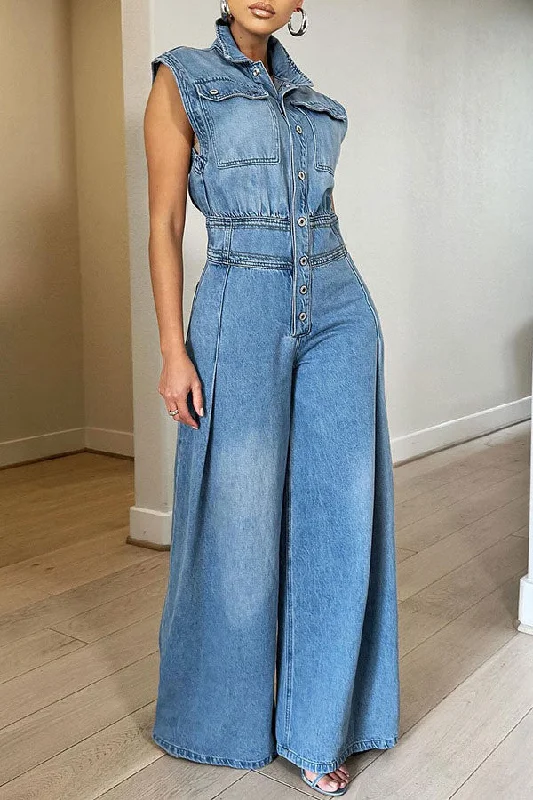 Solid Color Stylish Shirt Collar Wide Leg Jumpsuit