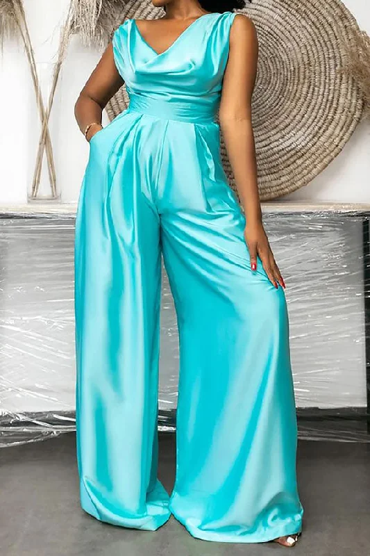 Solid Color Cowl Neck Luxe Wide Leg Jumpsuit