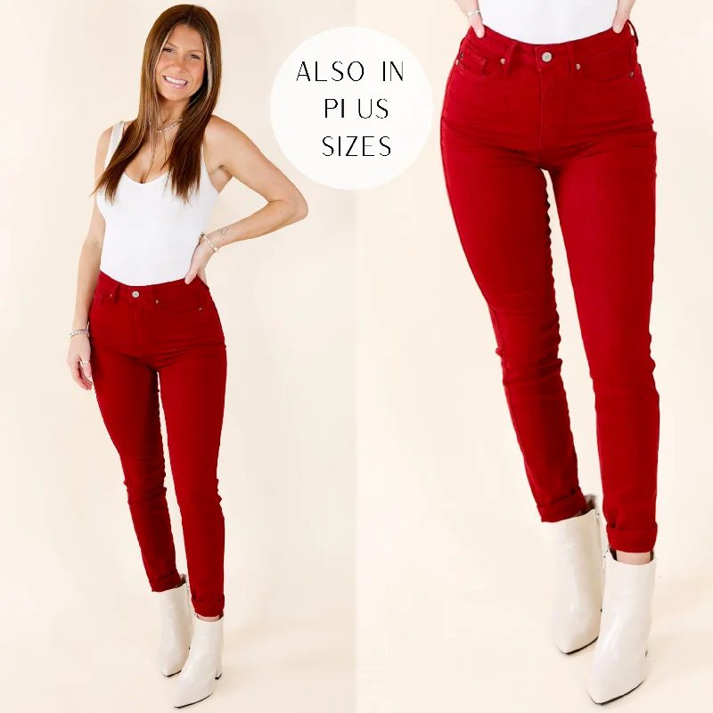 Judy Blue | Around The Block Tummy Control Garment Dyed Skinny Jeans in Maroon (Lots of Sizes)