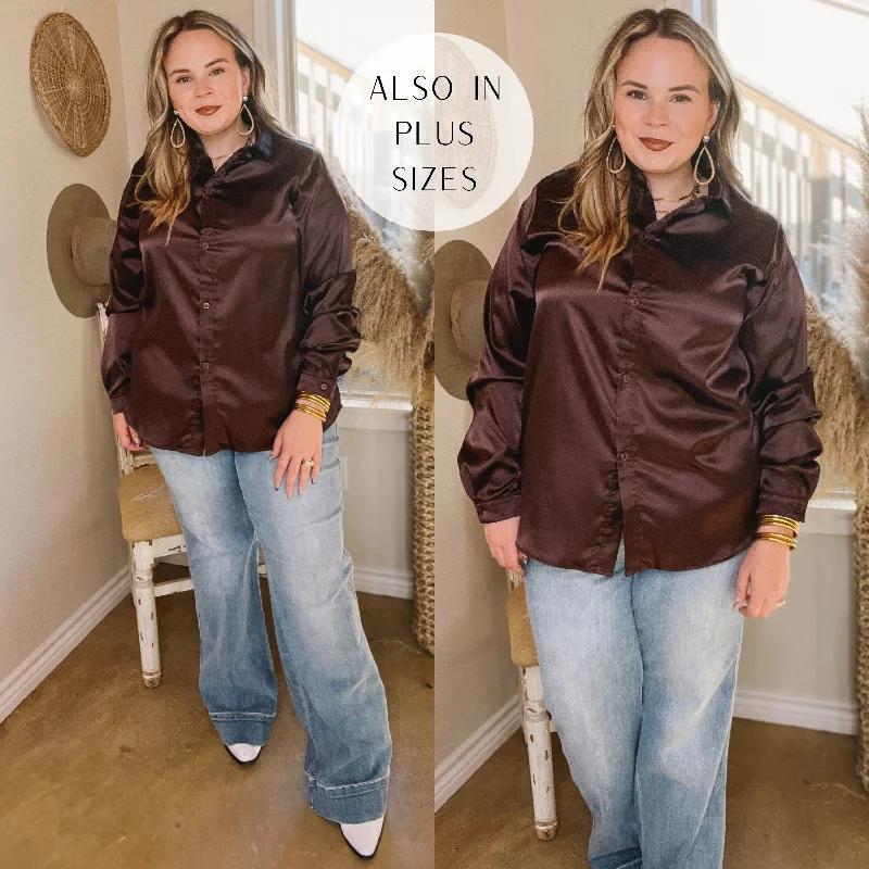 Down To Disco Satin Long Sleeve Button Up Top in Brown