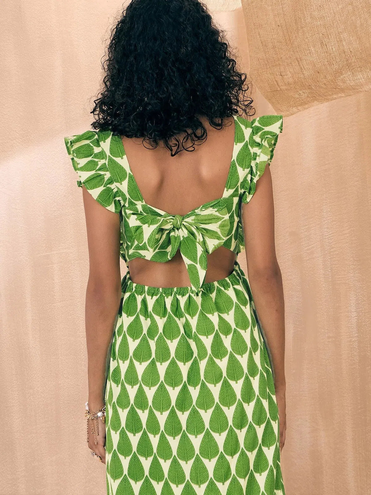 Classic Charm Women Green Leaf Print Back Knot Frill Maxi