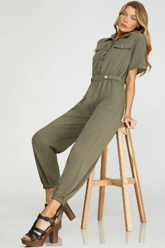 OLIVE COLLARED SHORT SLEEVES FLAP FRONT POCKET WOVEN JUMPSUIT S12SY6661