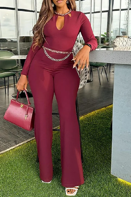 Solid Color Cutout Unique Chain Decor Jumpsuit