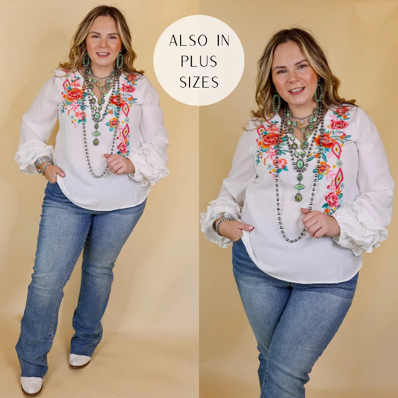 Vineyard Villa Floral Embroidered Top with Long Ruffle Sleeves in White