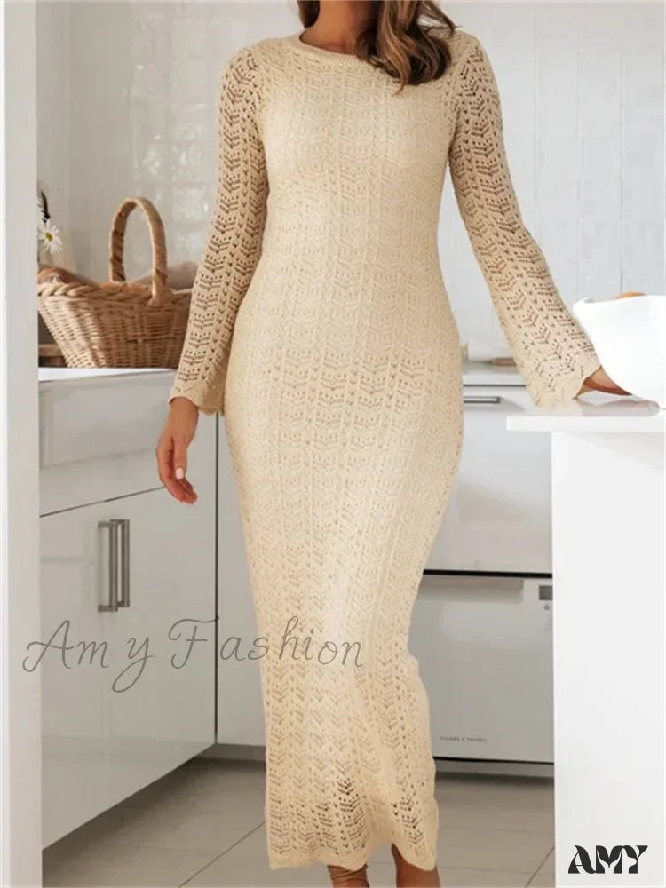 Elegant Attire Amy Fashion - Women   Sleeve Round Neck Backless Tie-up Hollow Out Cocktail Spring Autumn Female Vestidos