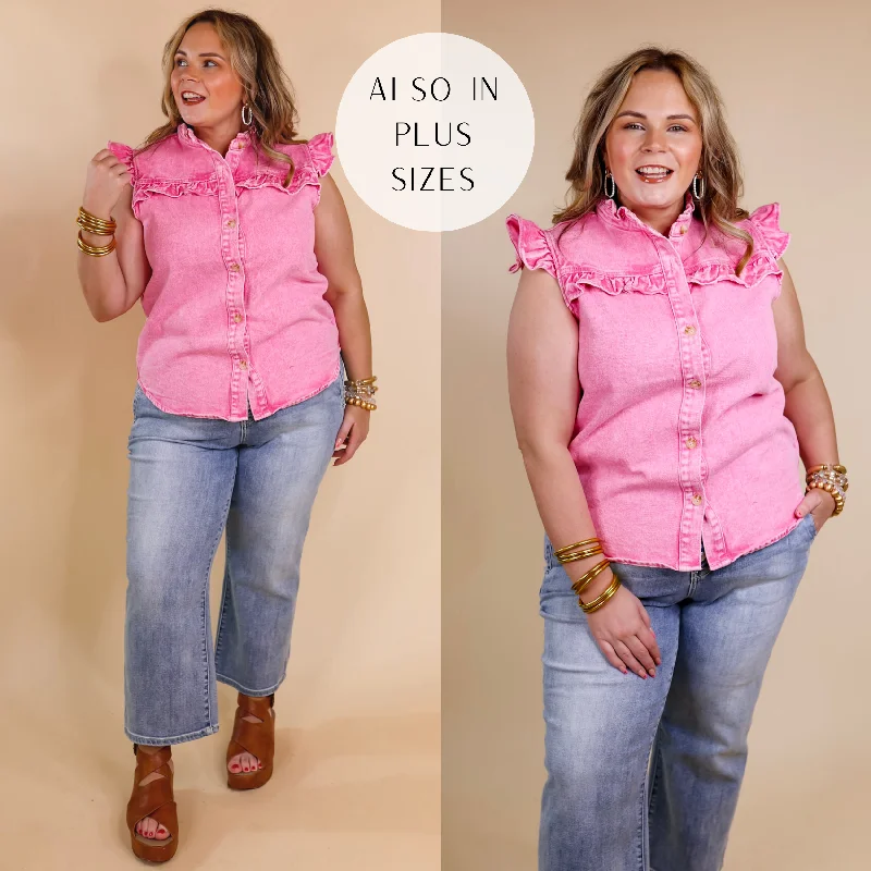 Denim Darling Button Up Ruffle Cap Sleeve Top in Hot Pink