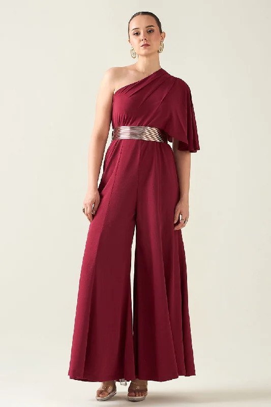 Wine Alloy Jumpsuit With Metallic Finish Belt