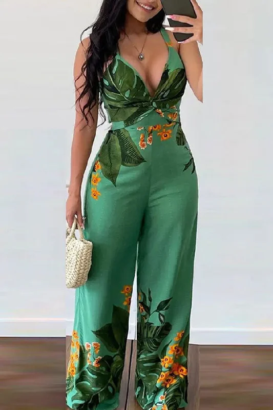 Floral Print Elegant Twisted Detail Wide Leg Jumpsuit