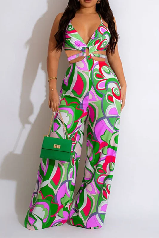 Tribal Floral Print Colorful Cutout Waist Jumpsuit