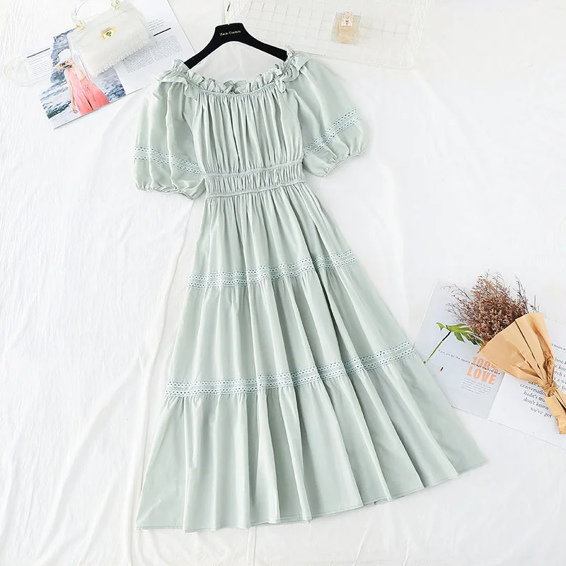 Floral Style New style bubble sleeve temperament French light mature style slim skirt  4217