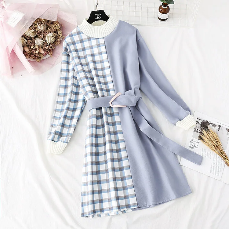 Summer Fashion New Plaid color blocking small man with a bottomed skirt at the waist  3974