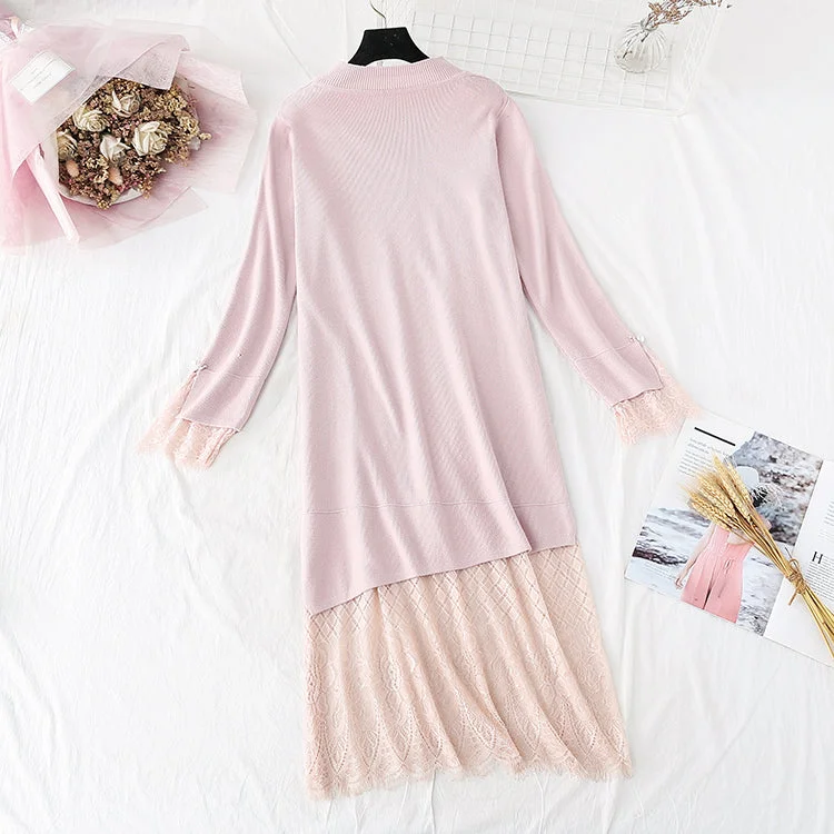 Fashion Forward Femininity Sweater skirt lace stitching fake two-piece bottom long  4009