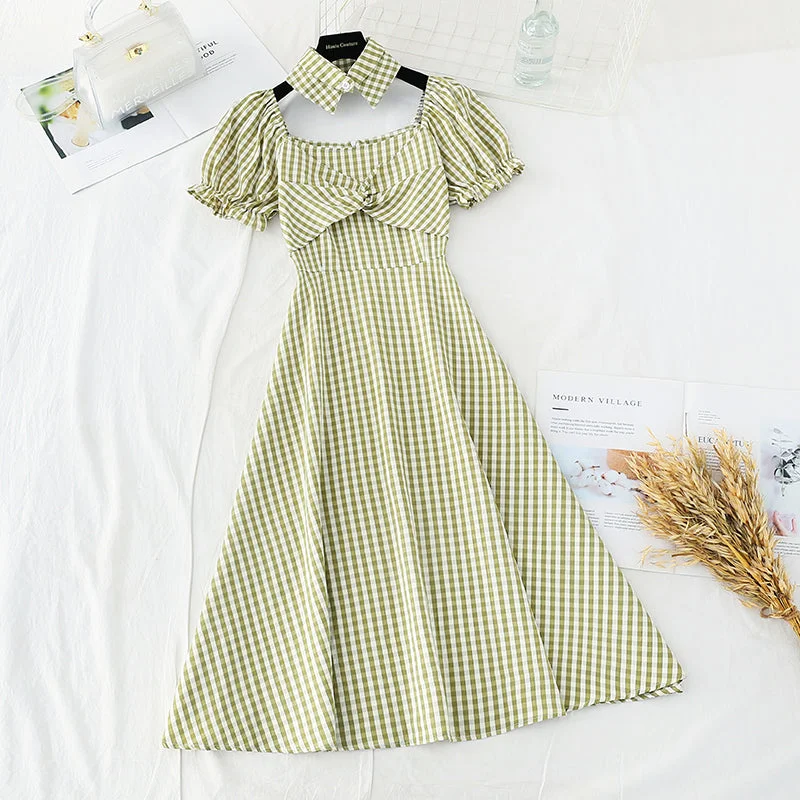 Flowy Fabric Narrow waist, thin temperament, bubble sleeve design, minority French retro plaid skirt 4214 Flowy Fabric Narrow waist, thin temperament, bubble sleeve design, minority French retro plaid skirt 4214