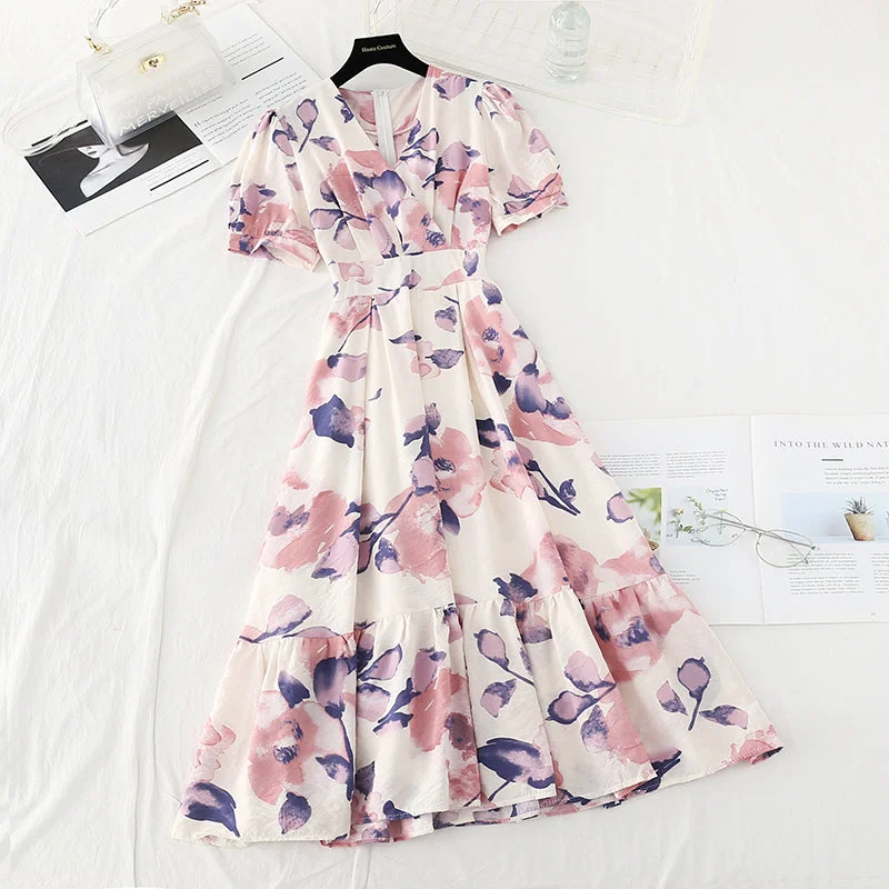 Trend Alert V-neck bubble sleeves, slim waist, large hem and long skirt  4199