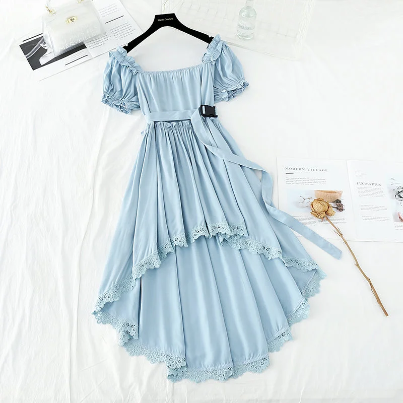 Style Without Limits Narrow waist, thin bubble sleeve temperament, sweet white irregular skirt 4194 Style Without Limits Narrow waist, thin bubble sleeve temperament, sweet white irregular skirt 4194
