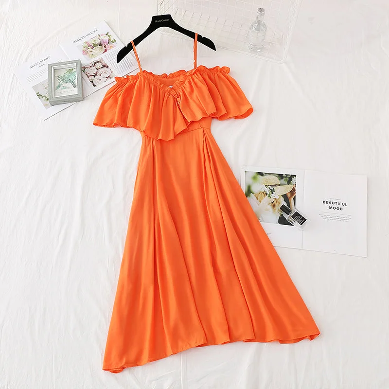 Everyday Basics One shoulder sling Ruffle French retro gentle long skirt  4160
