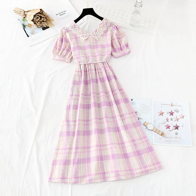 Quality Driven Apparel Lace doll collar sweet Plaid Cotton Linen Skirt fairy super fairy series 4154 Quality Driven Apparel Lace doll collar sweet Plaid Cotton Linen Skirt fairy super fairy series 4154